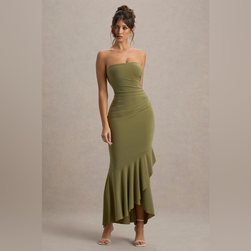 Club L London CAPRIA OLIVE GREEN BANDEAU WRAP MAXI DRESS NWT